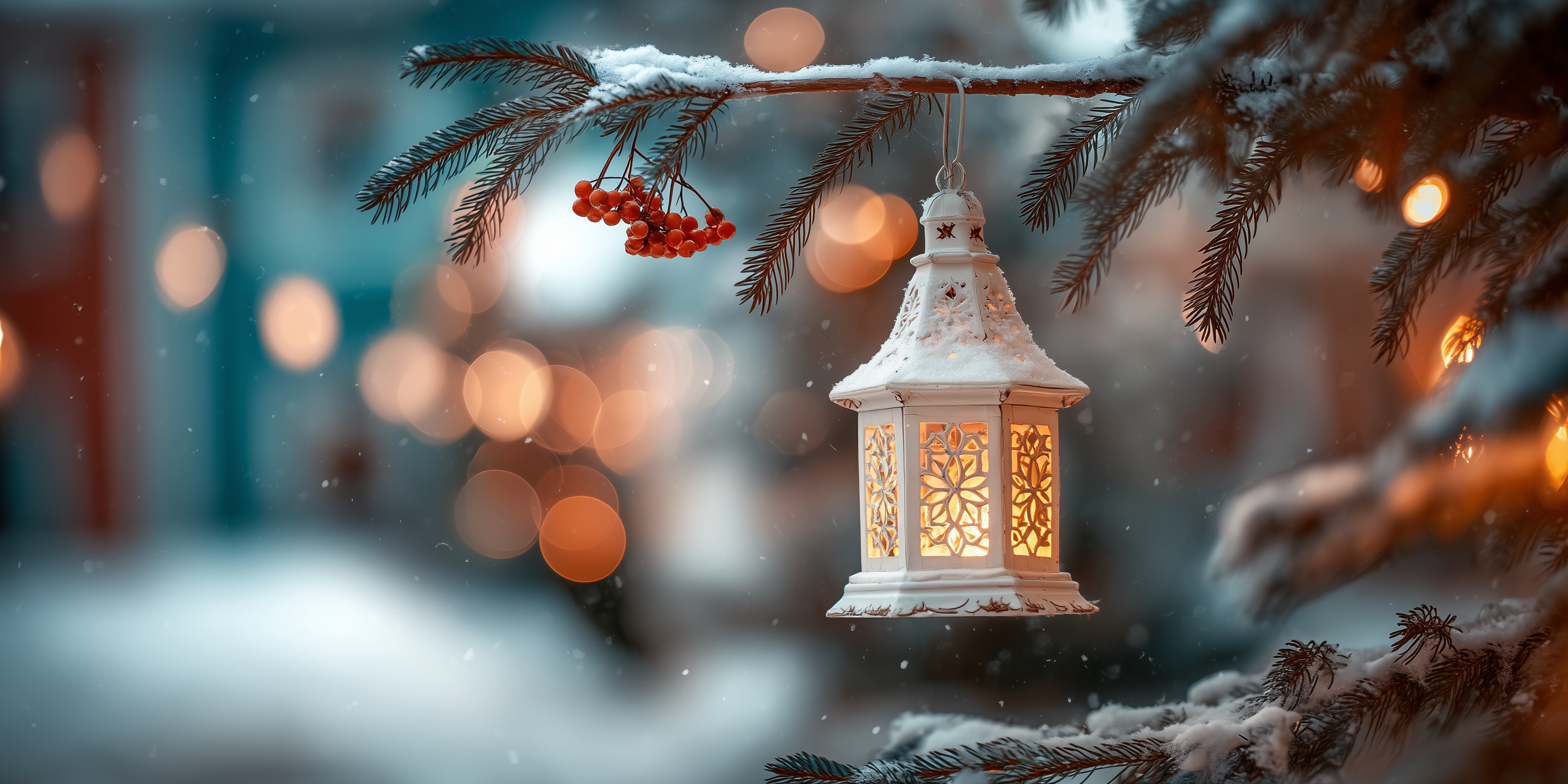 White Ornate Lantern with Snow-Covered Pine Branch and Red Berries