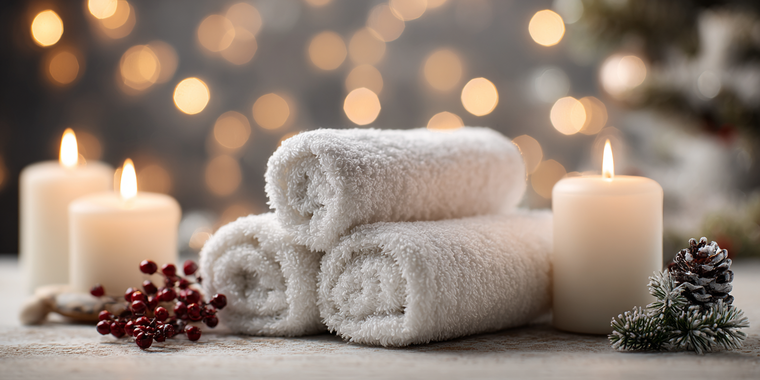 Holiday Spa Scene with White Towels and Candles