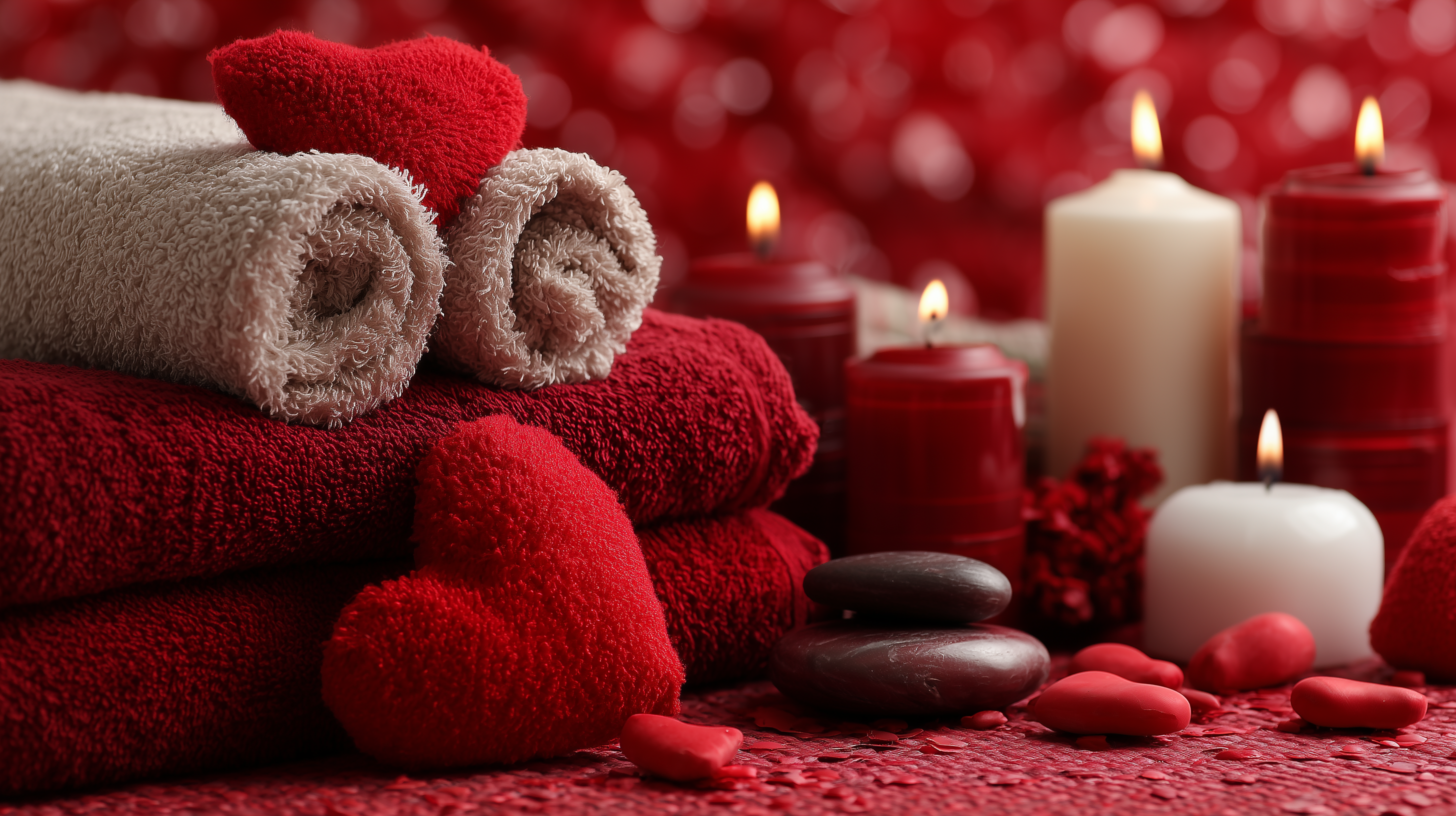 Valentine's Day spa with red hearts, towels and candles